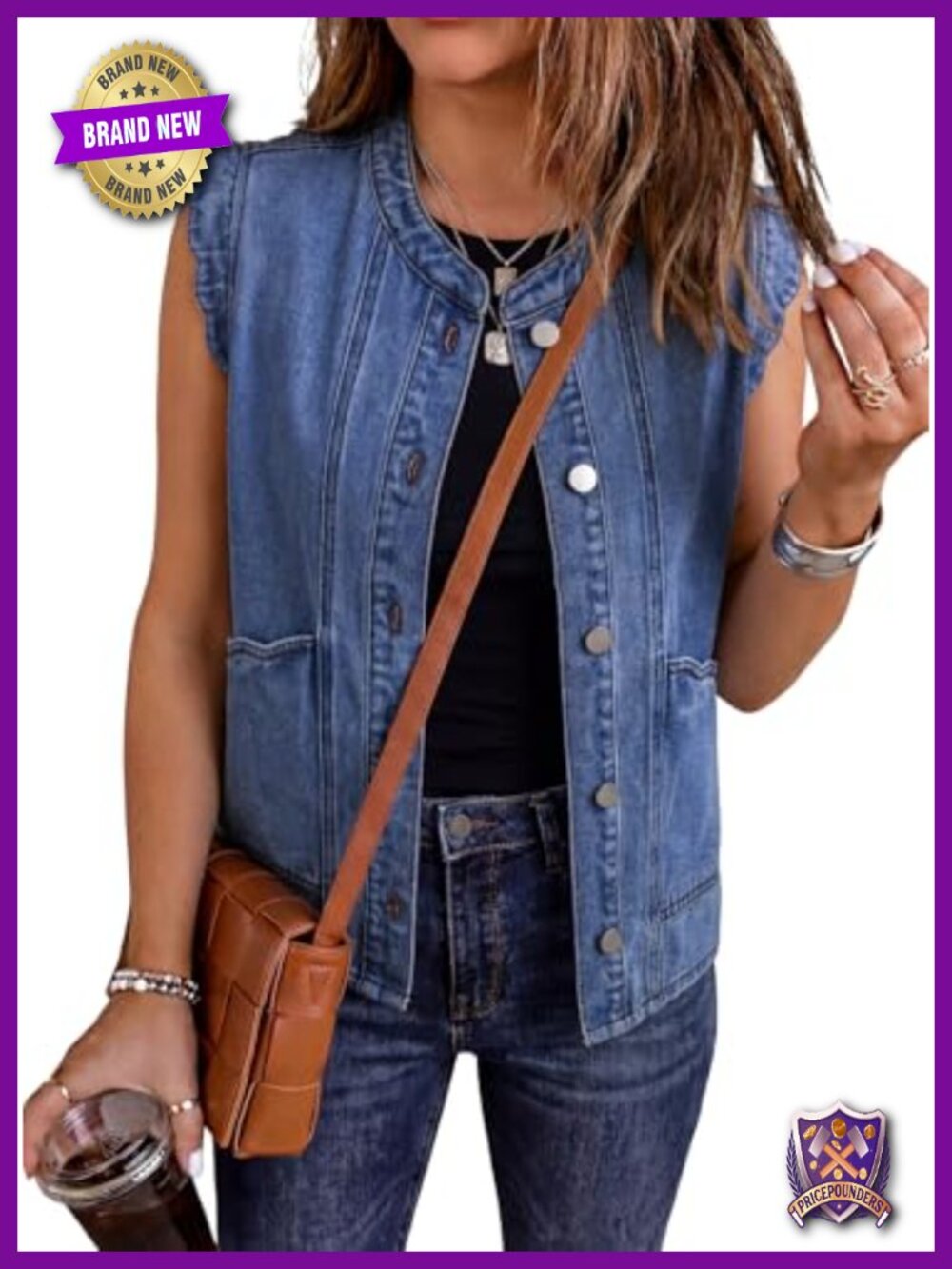 Sleeveless Denim Vest Button Down Cropped Ruffle Western Jean Top